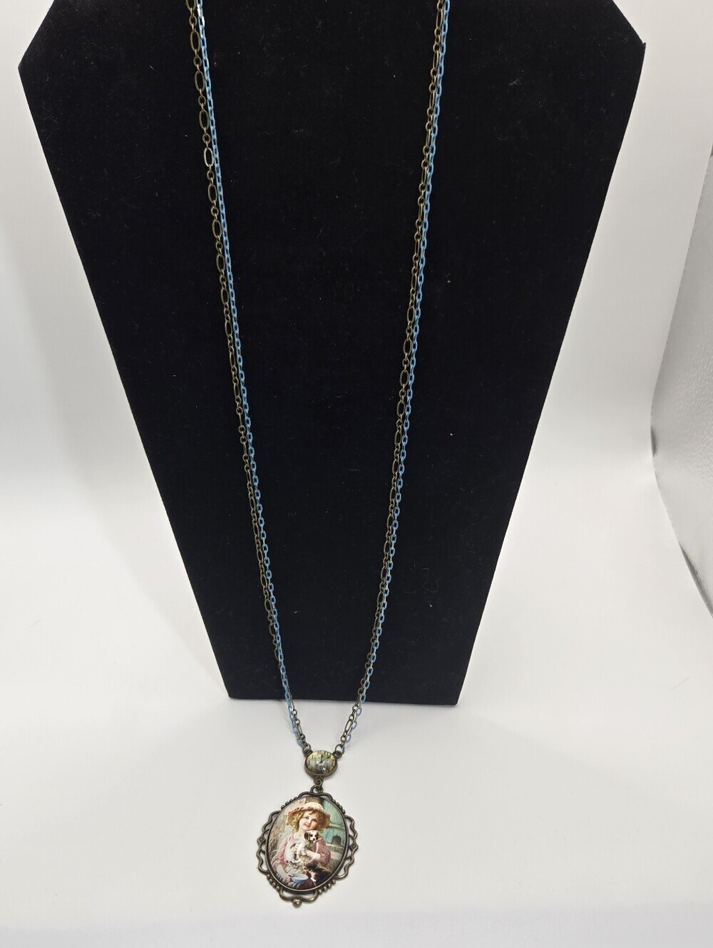 Vintage Pendant Necklace With Girl And Dog Handmade Jewelry Bronze Tone